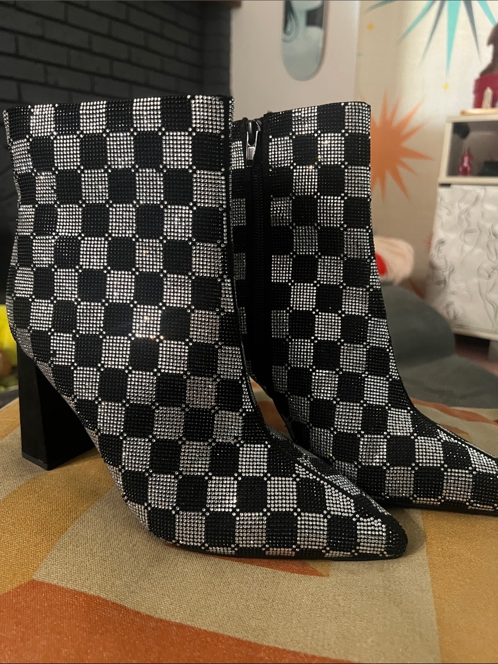 Black & Silver blingy Checkered Ankle Boots -Wild Pair!